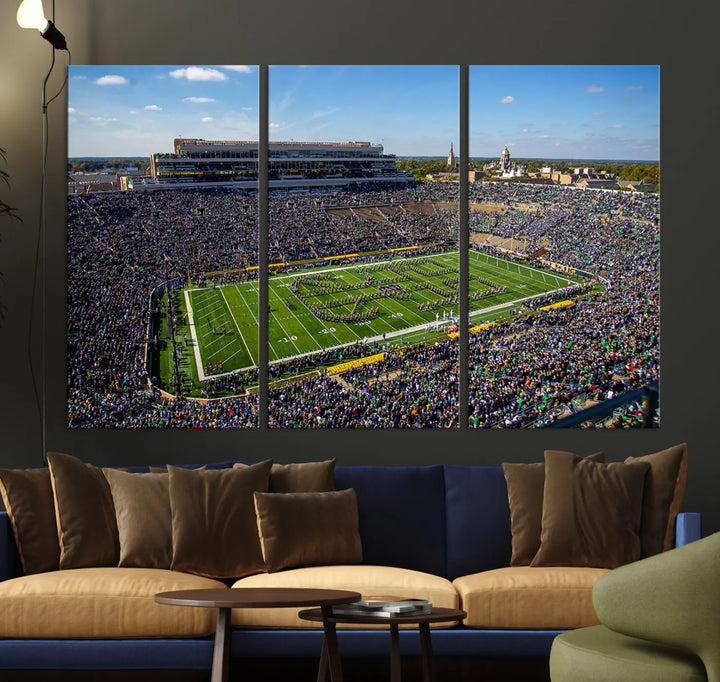 The dining area showcases the stunning Notre Dame Fighting Irish Football Team Print - Notre Dame Stadium Wall Art Canvas Print, renowned for its gallery-quality finish.