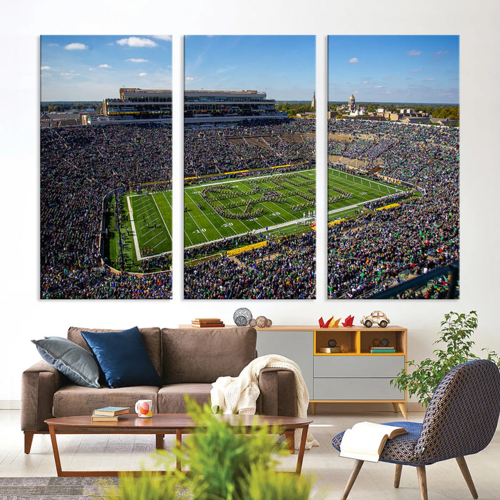 The dining area showcases the stunning Notre Dame Fighting Irish Football Team Print - Notre Dame Stadium Wall Art Canvas Print, renowned for its gallery-quality finish.