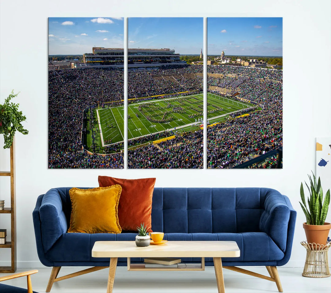 The dining area showcases the stunning Notre Dame Fighting Irish Football Team Print - Notre Dame Stadium Wall Art Canvas Print, renowned for its gallery-quality finish.