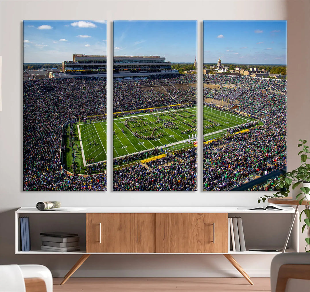 The dining area showcases the stunning Notre Dame Fighting Irish Football Team Print - Notre Dame Stadium Wall Art Canvas Print, renowned for its gallery-quality finish.