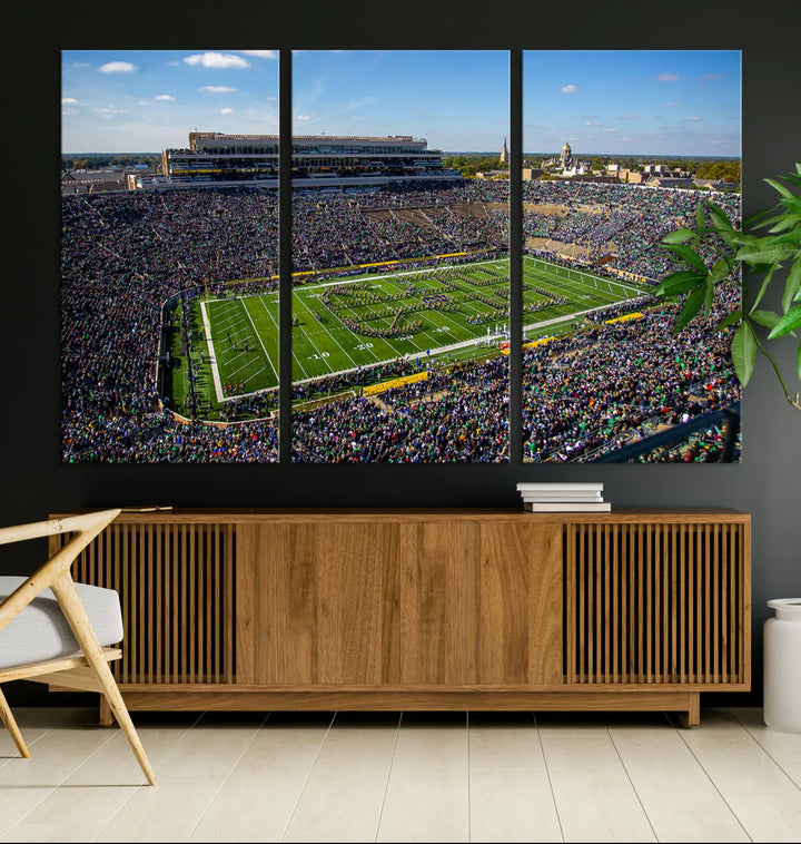 The dining area showcases the stunning Notre Dame Fighting Irish Football Team Print - Notre Dame Stadium Wall Art Canvas Print, renowned for its gallery-quality finish.