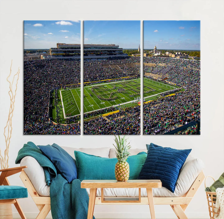 The dining area showcases the stunning Notre Dame Fighting Irish Football Team Print - Notre Dame Stadium Wall Art Canvas Print, renowned for its gallery-quality finish.