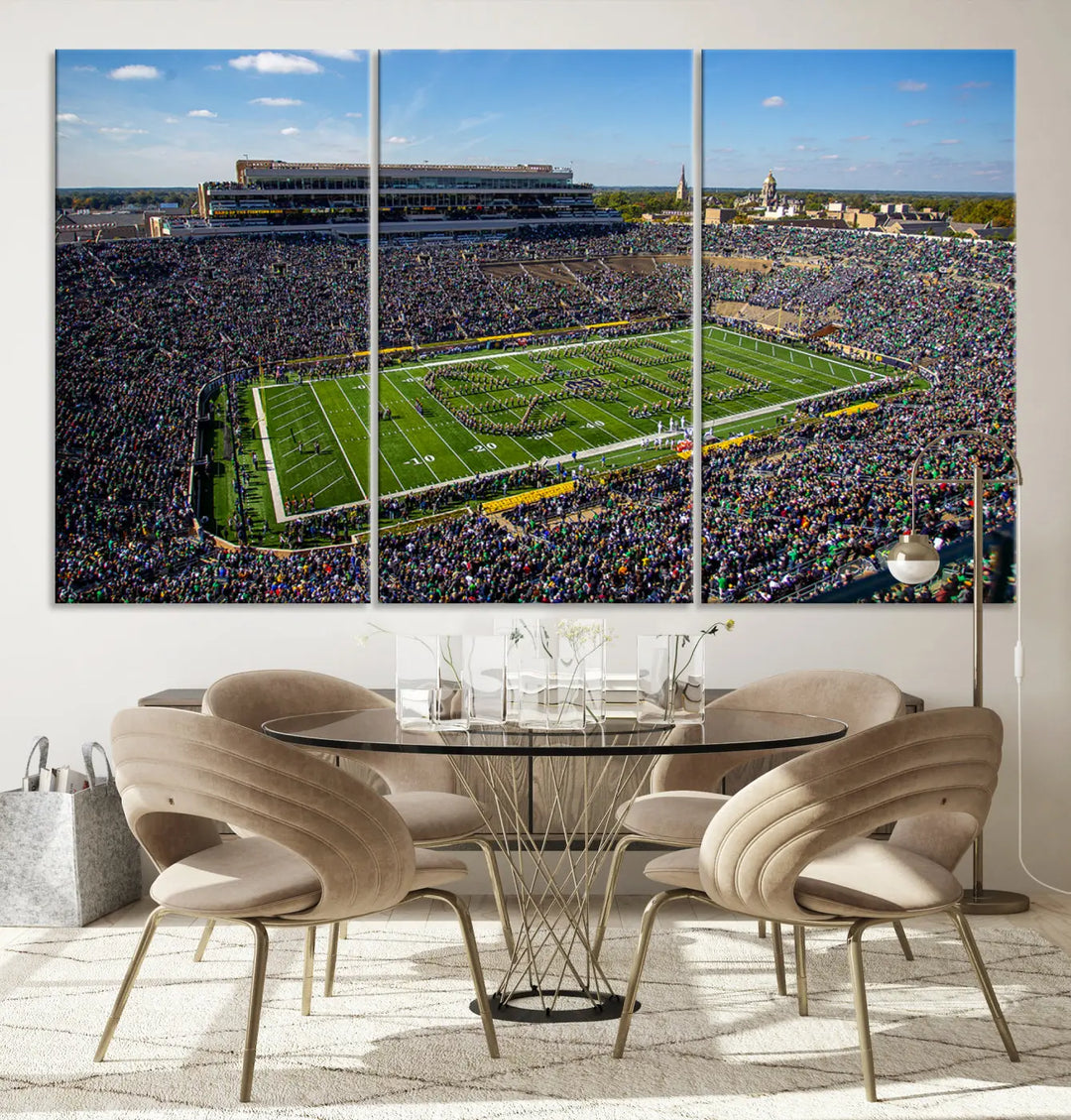 The dining area showcases the stunning Notre Dame Fighting Irish Football Team Print - Notre Dame Stadium Wall Art Canvas Print, renowned for its gallery-quality finish.