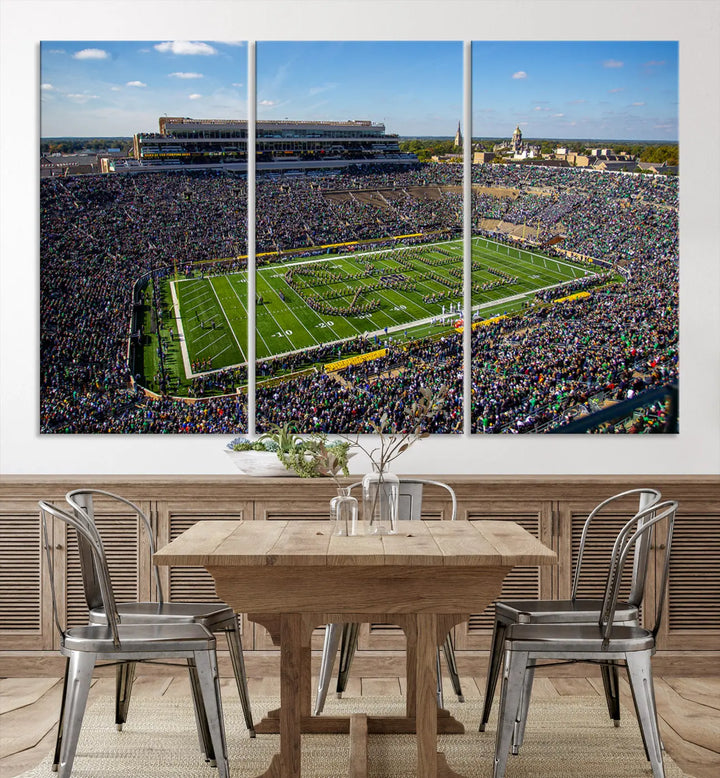 The dining area showcases the stunning Notre Dame Fighting Irish Football Team Print - Notre Dame Stadium Wall Art Canvas Print, renowned for its gallery-quality finish.