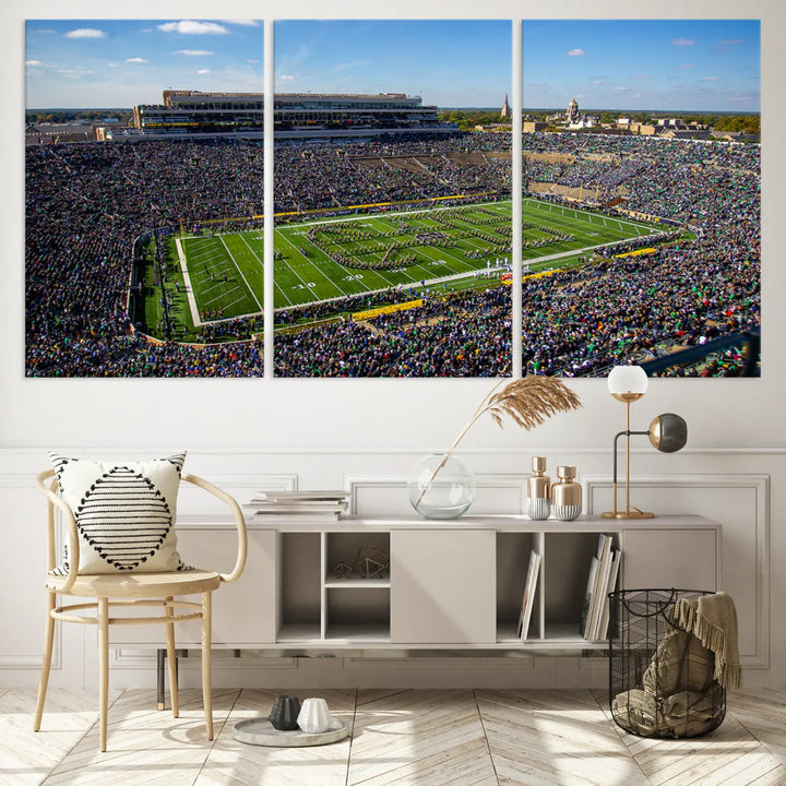 The dining area showcases the stunning Notre Dame Fighting Irish Football Team Print - Notre Dame Stadium Wall Art Canvas Print, renowned for its gallery-quality finish.