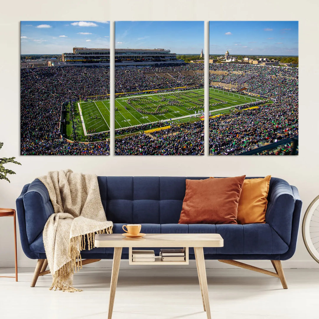 The dining area showcases the stunning Notre Dame Fighting Irish Football Team Print - Notre Dame Stadium Wall Art Canvas Print, renowned for its gallery-quality finish.