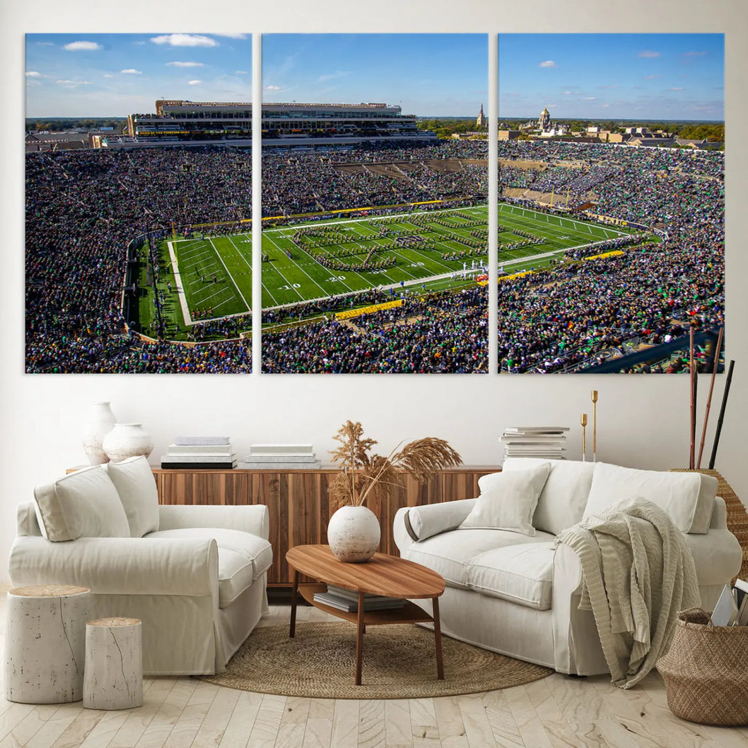 The dining area showcases the stunning Notre Dame Fighting Irish Football Team Print - Notre Dame Stadium Wall Art Canvas Print, renowned for its gallery-quality finish.