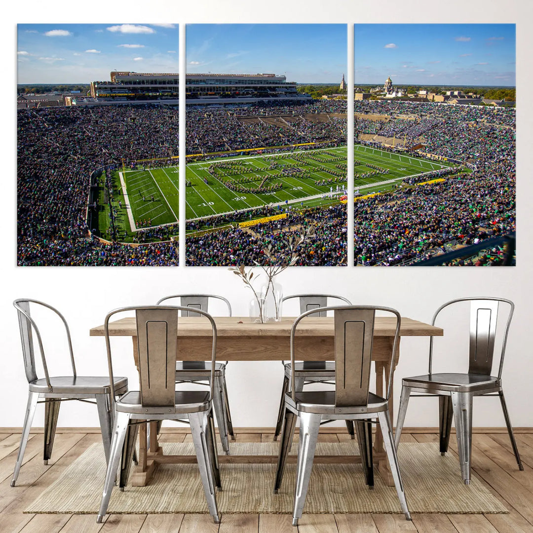 The dining area showcases the stunning Notre Dame Fighting Irish Football Team Print - Notre Dame Stadium Wall Art Canvas Print, renowned for its gallery-quality finish.