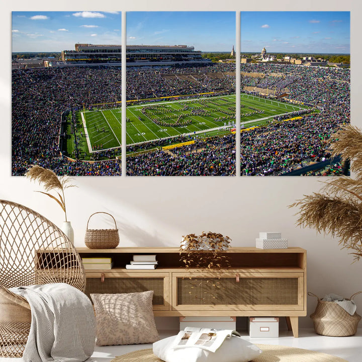 The dining area showcases the stunning Notre Dame Fighting Irish Football Team Print - Notre Dame Stadium Wall Art Canvas Print, renowned for its gallery-quality finish.