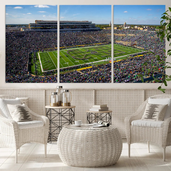 The dining area showcases the stunning Notre Dame Fighting Irish Football Team Print - Notre Dame Stadium Wall Art Canvas Print, renowned for its gallery-quality finish.