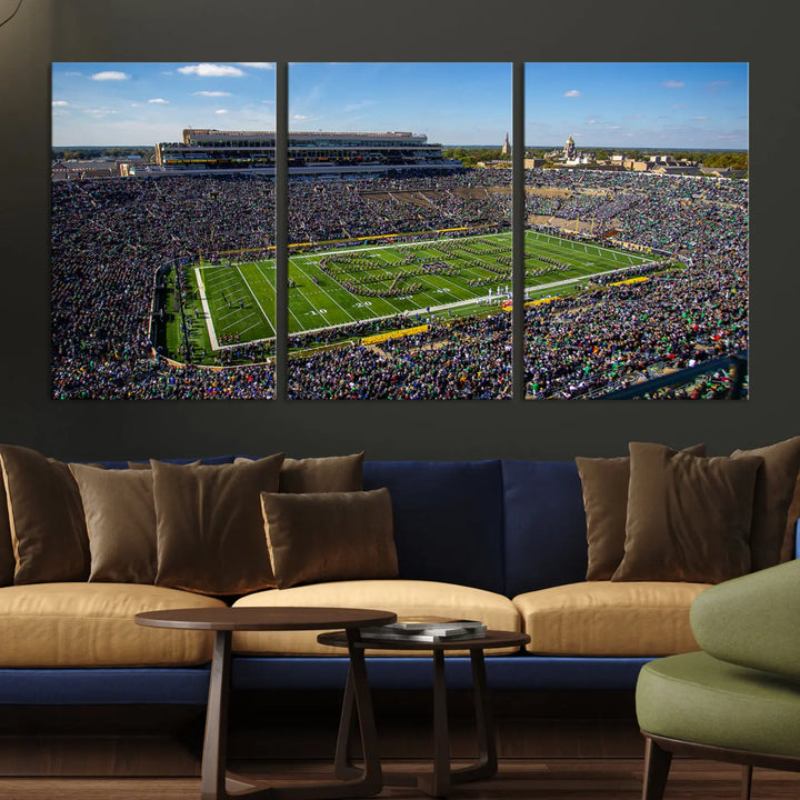 The dining area showcases the stunning Notre Dame Fighting Irish Football Team Print - Notre Dame Stadium Wall Art Canvas Print, renowned for its gallery-quality finish.