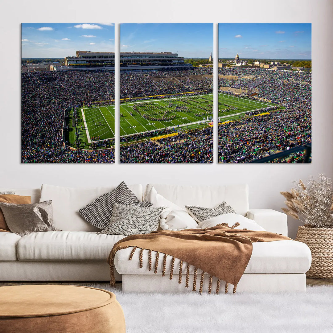 The dining area showcases the stunning Notre Dame Fighting Irish Football Team Print - Notre Dame Stadium Wall Art Canvas Print, renowned for its gallery-quality finish.