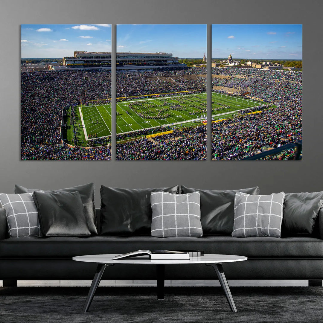 The dining area showcases the stunning Notre Dame Fighting Irish Football Team Print - Notre Dame Stadium Wall Art Canvas Print, renowned for its gallery-quality finish.