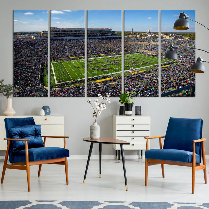 The dining area showcases the stunning Notre Dame Fighting Irish Football Team Print - Notre Dame Stadium Wall Art Canvas Print, renowned for its gallery-quality finish.