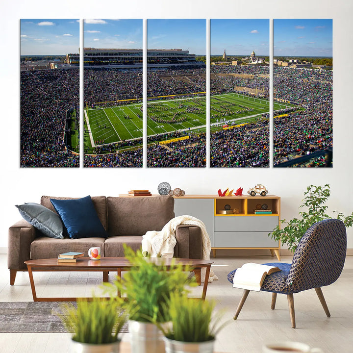 The dining area showcases the stunning Notre Dame Fighting Irish Football Team Print - Notre Dame Stadium Wall Art Canvas Print, renowned for its gallery-quality finish.