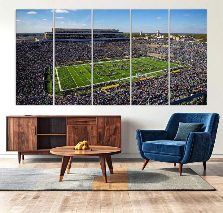 The dining area showcases the stunning Notre Dame Fighting Irish Football Team Print - Notre Dame Stadium Wall Art Canvas Print, renowned for its gallery-quality finish.