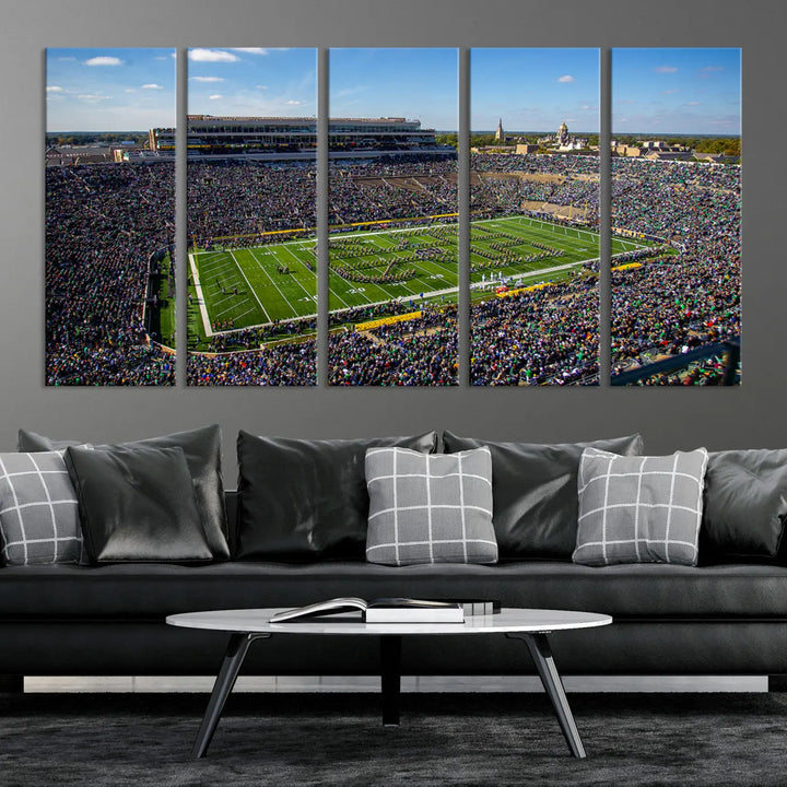 The dining area showcases the stunning Notre Dame Fighting Irish Football Team Print - Notre Dame Stadium Wall Art Canvas Print, renowned for its gallery-quality finish.