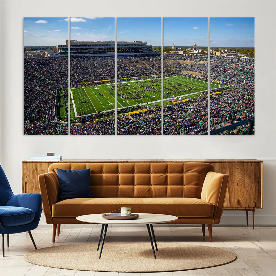 The dining area showcases the stunning Notre Dame Fighting Irish Football Team Print - Notre Dame Stadium Wall Art Canvas Print, renowned for its gallery-quality finish.