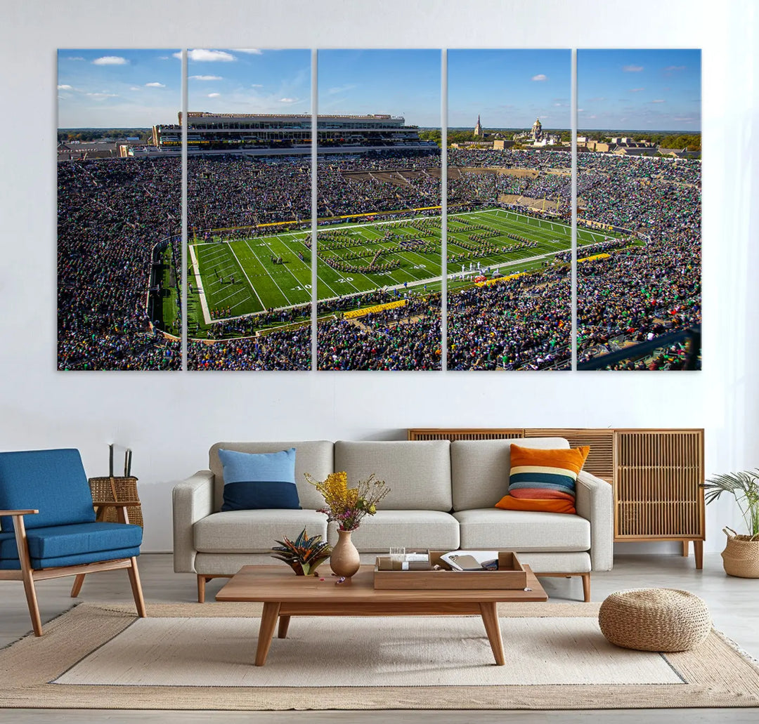 The dining area showcases the stunning Notre Dame Fighting Irish Football Team Print - Notre Dame Stadium Wall Art Canvas Print, renowned for its gallery-quality finish.