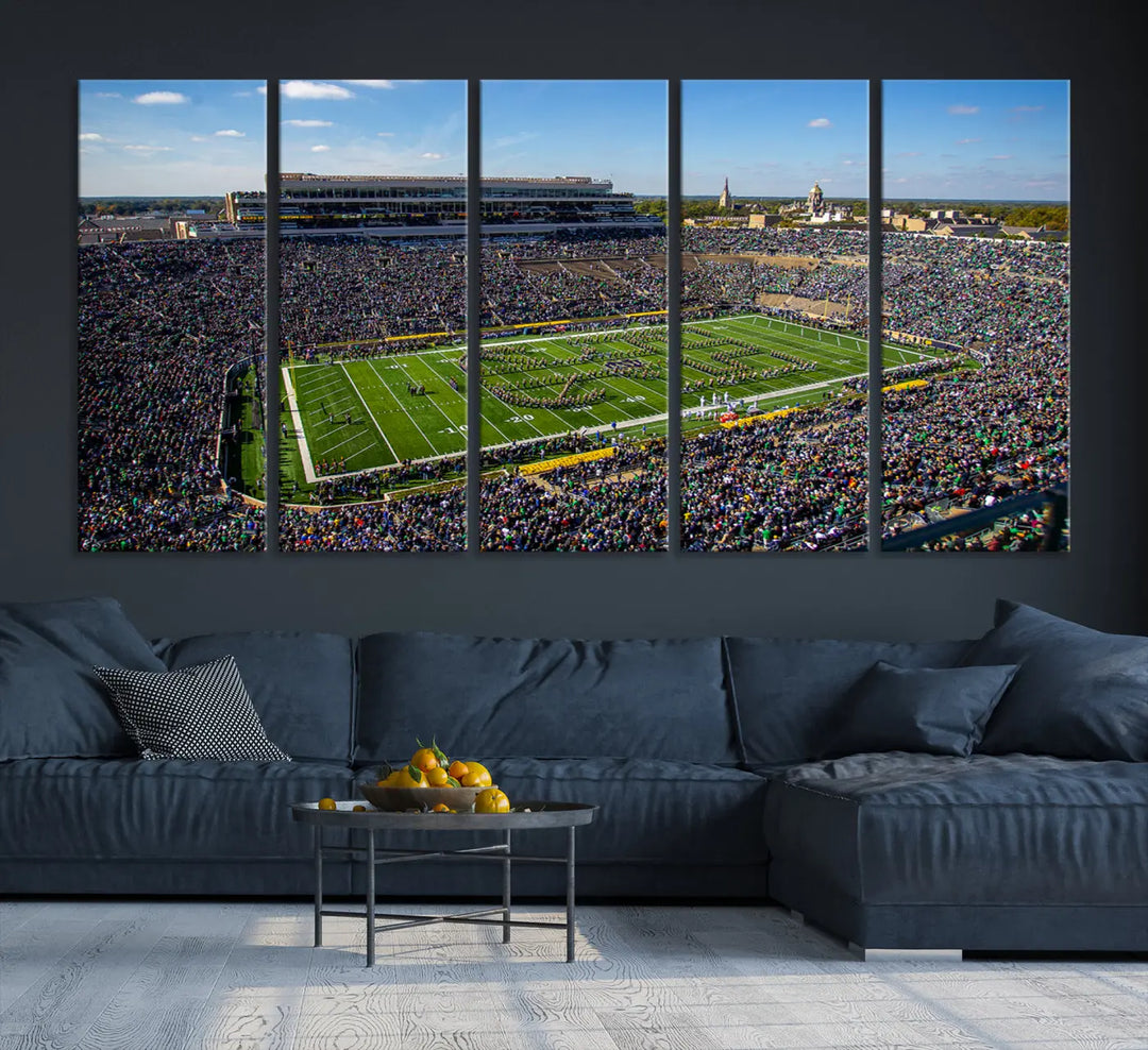 The dining area showcases the stunning Notre Dame Fighting Irish Football Team Print - Notre Dame Stadium Wall Art Canvas Print, renowned for its gallery-quality finish.