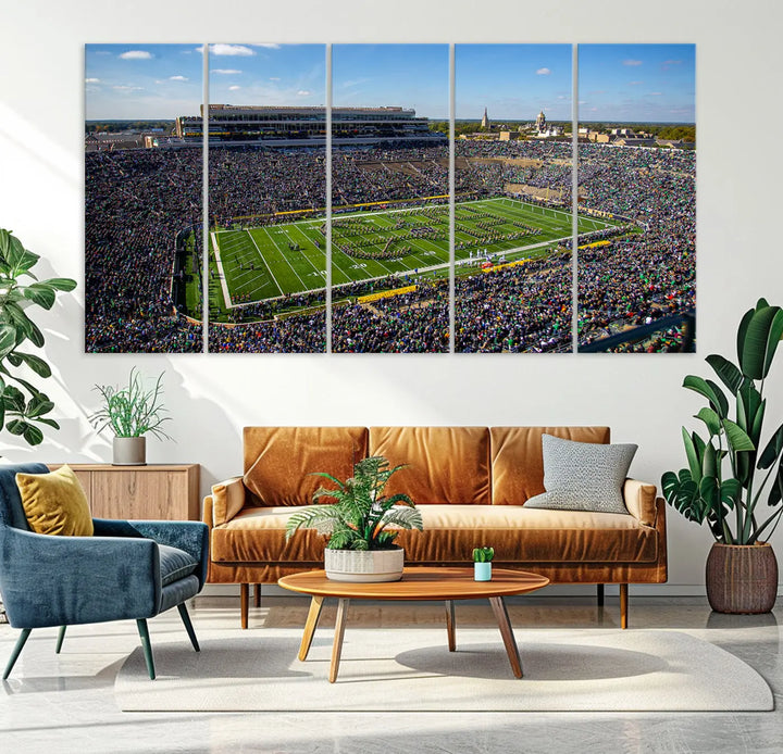 The dining area showcases the stunning Notre Dame Fighting Irish Football Team Print - Notre Dame Stadium Wall Art Canvas Print, renowned for its gallery-quality finish.