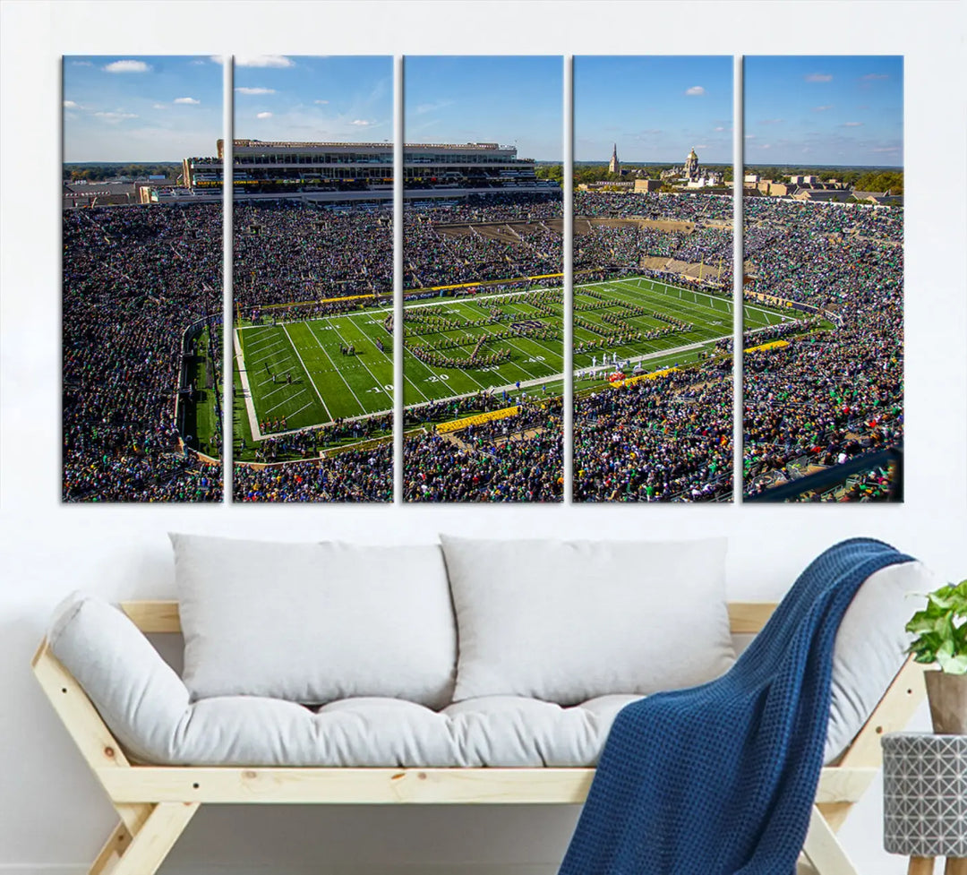 The dining area showcases the stunning Notre Dame Fighting Irish Football Team Print - Notre Dame Stadium Wall Art Canvas Print, renowned for its gallery-quality finish.