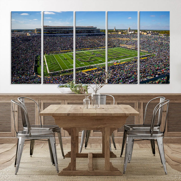 The dining area showcases the stunning Notre Dame Fighting Irish Football Team Print - Notre Dame Stadium Wall Art Canvas Print, renowned for its gallery-quality finish.