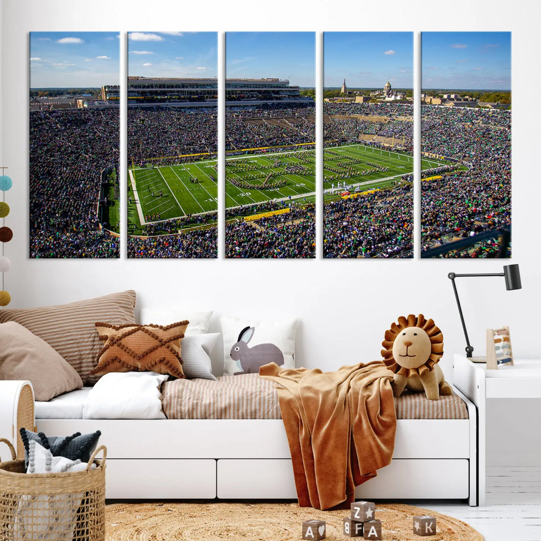 The dining area showcases the stunning Notre Dame Fighting Irish Football Team Print - Notre Dame Stadium Wall Art Canvas Print, renowned for its gallery-quality finish.