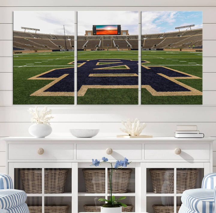 Notre Dame Stadium Giclee Canvas Print | Triptych Wall Art Featuring Iconic Notre Dame Football Field | Ready-to-Hang Sports Stadium Decor