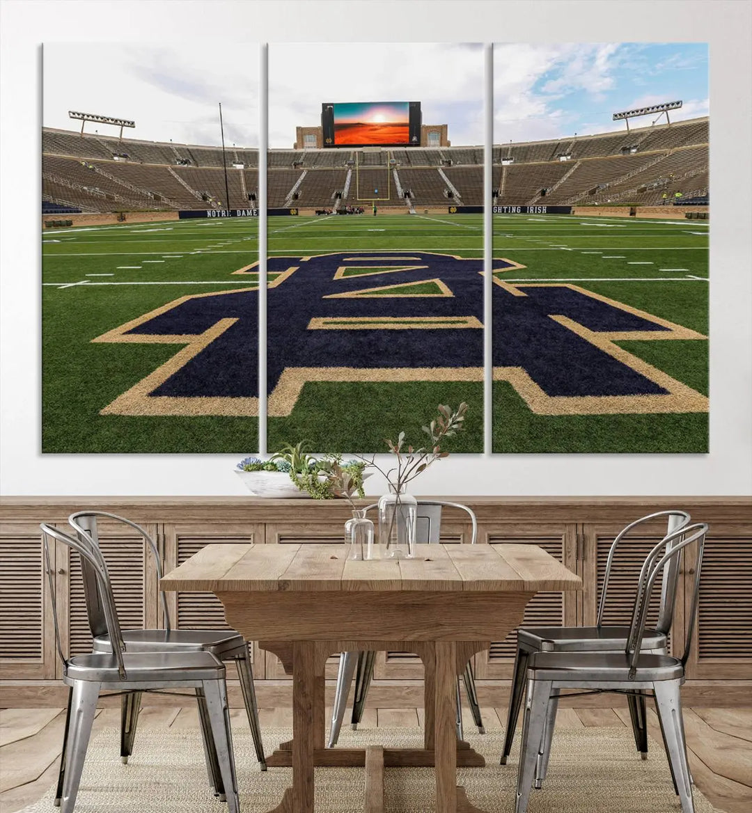 The Notre Dame Stadium Giclee Canvas Print, a triptych wall art featuring the iconic Notre Dame football field, beautifully adorns a modern living room—perfect for fans of legendary venues.