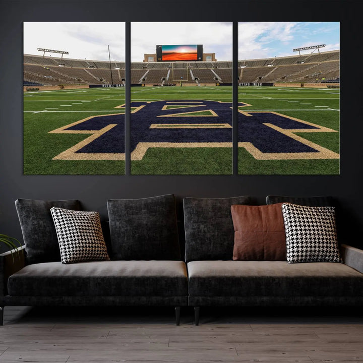 The Notre Dame Stadium Giclee Canvas Print, a triptych wall art featuring the iconic Notre Dame football field, beautifully adorns a modern living room—perfect for fans of legendary venues.