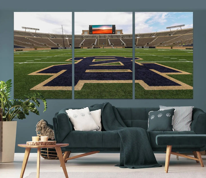 The Notre Dame Stadium Giclee Canvas Print, a triptych wall art featuring the iconic Notre Dame football field, beautifully adorns a modern living room—perfect for fans of legendary venues.