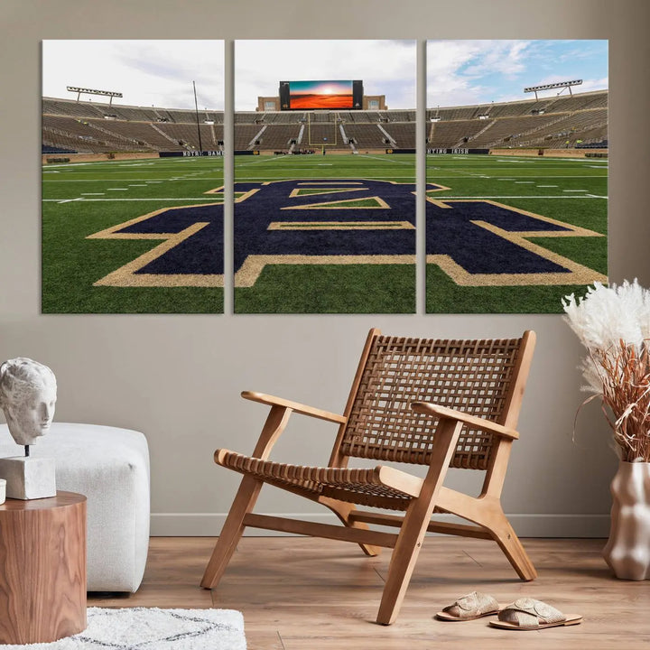 The Notre Dame Stadium Giclee Canvas Print, a triptych wall art featuring the iconic Notre Dame football field, beautifully adorns a modern living room—perfect for fans of legendary venues.