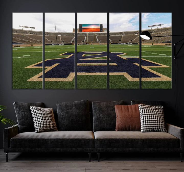 The Notre Dame Stadium Giclee Canvas Print, a triptych wall art featuring the iconic Notre Dame football field, beautifully adorns a modern living room—perfect for fans of legendary venues.