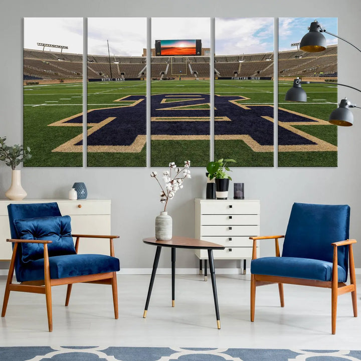 The Notre Dame Stadium Giclee Canvas Print, a triptych wall art featuring the iconic Notre Dame football field, beautifully adorns a modern living room—perfect for fans of legendary venues.