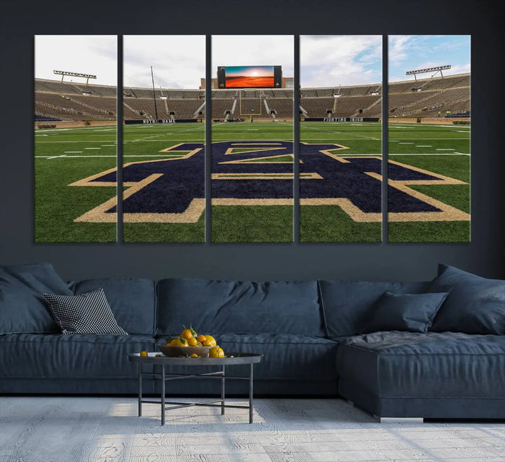 The Notre Dame Stadium Giclee Canvas Print, a triptych wall art featuring the iconic Notre Dame football field, beautifully adorns a modern living room—perfect for fans of legendary venues.