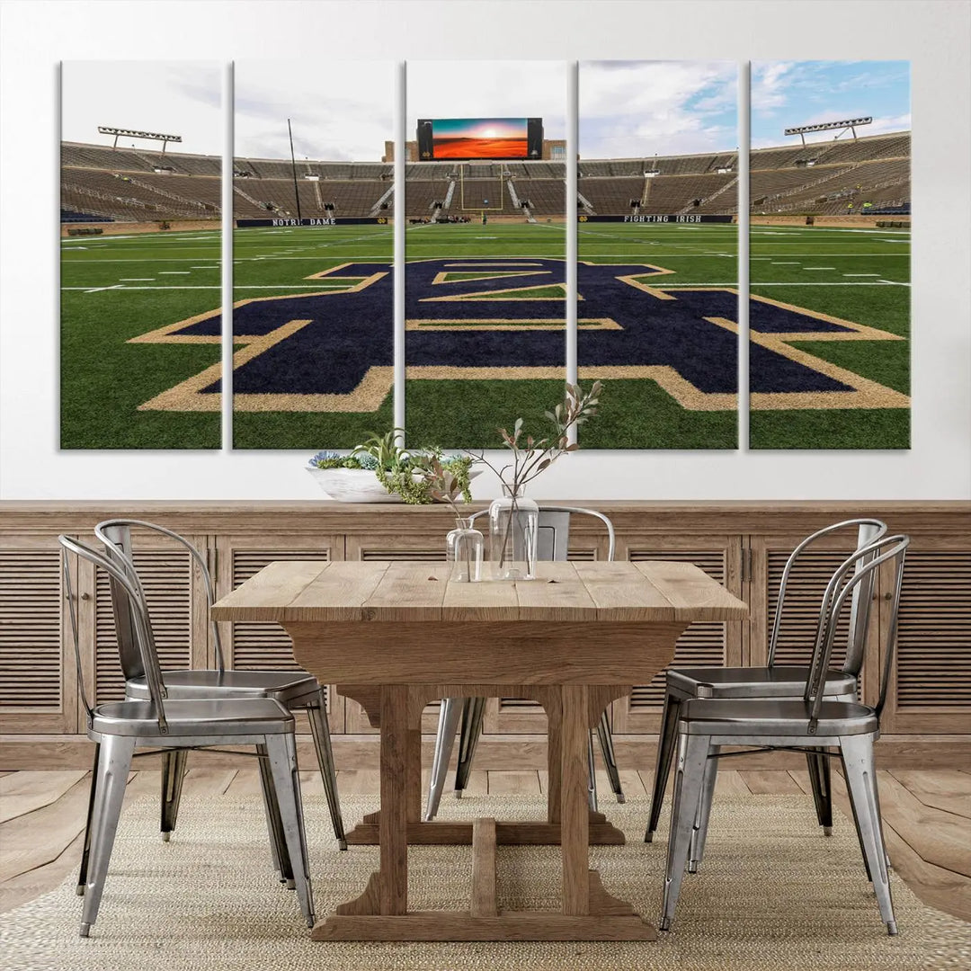 The Notre Dame Stadium Giclee Canvas Print, a triptych wall art featuring the iconic Notre Dame football field, beautifully adorns a modern living room—perfect for fans of legendary venues.