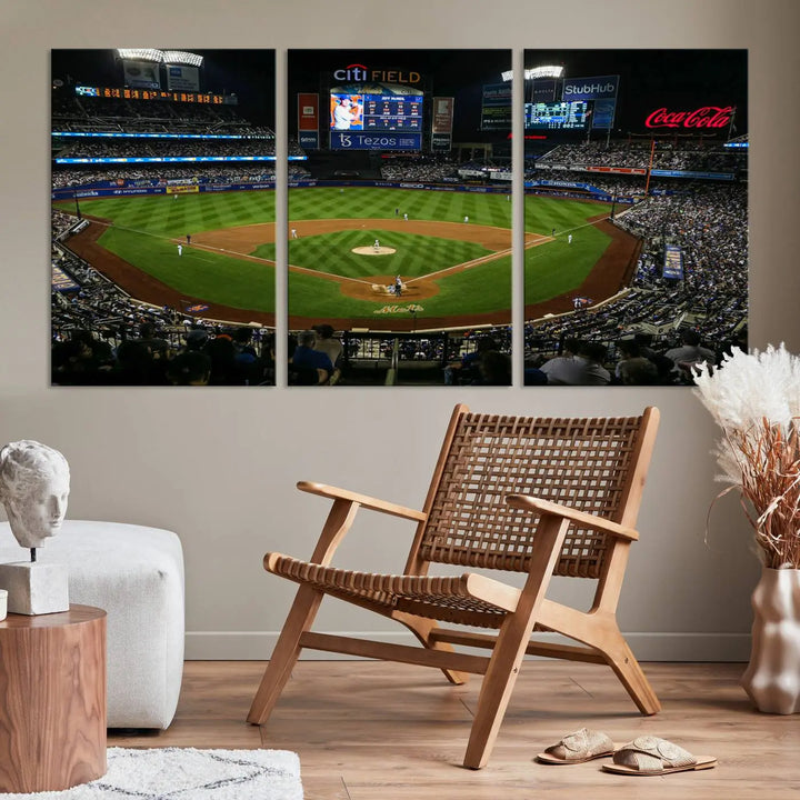 The "Oakland Athletics Baseball Team Print - RingCentral Coliseum Stadium Wall Art Canvas Print" elegantly adorns a modern living room. This stunning three-panel artwork of a baseball stadium at night is crafted on museum-quality canvas, ensuring its vibrant beauty endures over time.