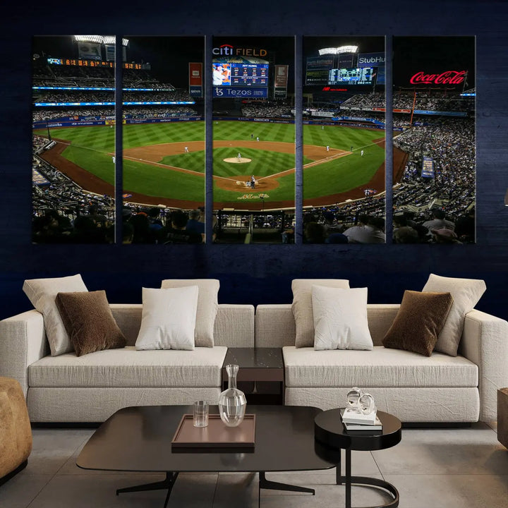 The "Oakland Athletics Baseball Team Print - RingCentral Coliseum Stadium Wall Art Canvas Print" elegantly adorns a modern living room. This stunning three-panel artwork of a baseball stadium at night is crafted on museum-quality canvas, ensuring its vibrant beauty endures over time.