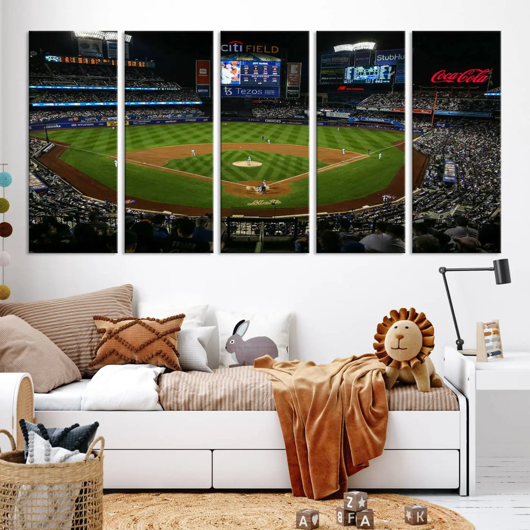 The "Oakland Athletics Baseball Team Print - RingCentral Coliseum Stadium Wall Art Canvas Print" elegantly adorns a modern living room. This stunning three-panel artwork of a baseball stadium at night is crafted on museum-quality canvas, ensuring its vibrant beauty endures over time.