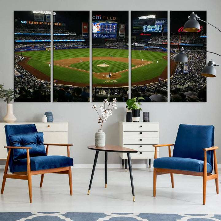 The "Oakland Athletics Baseball Team Print - RingCentral Coliseum Stadium Wall Art Canvas Print" elegantly adorns a modern living room. This stunning three-panel artwork of a baseball stadium at night is crafted on museum-quality canvas, ensuring its vibrant beauty endures over time.