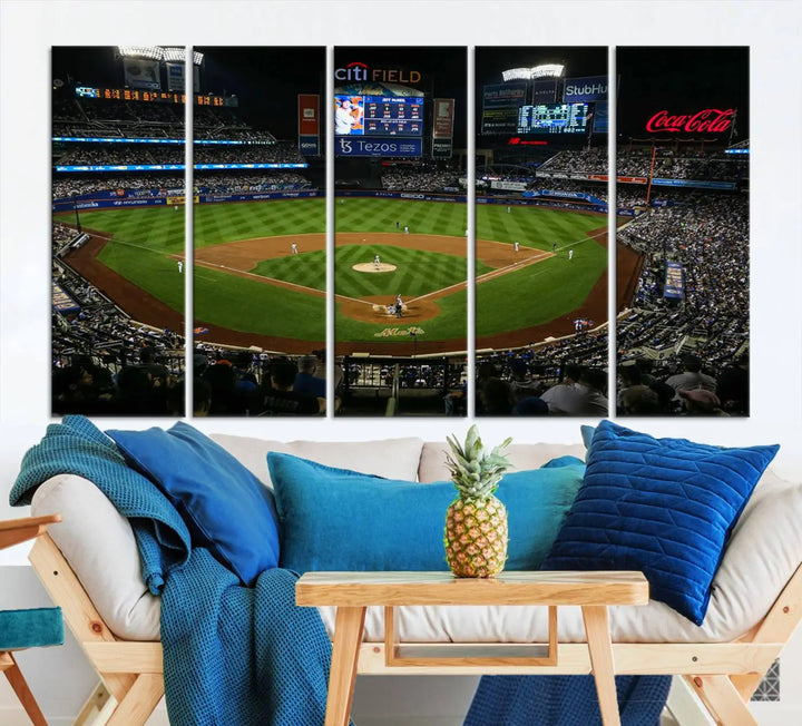 The "Oakland Athletics Baseball Team Print - RingCentral Coliseum Stadium Wall Art Canvas Print" elegantly adorns a modern living room. This stunning three-panel artwork of a baseball stadium at night is crafted on museum-quality canvas, ensuring its vibrant beauty endures over time.