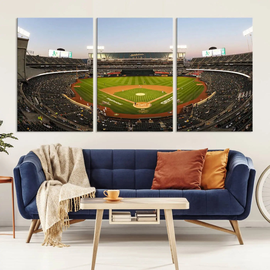 The Oakland Athletics Baseball Team Print, featuring a scenic view of RingCentral Coliseum Stadium, is beautifully captured on canvas, adding an elegant touch to the space.