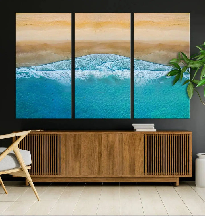 Ocean Aerial Beach Canvas Wall Art Print features a triptych of an aerial beach scene with waves, gallery-wrapped on museum-quality canvas.