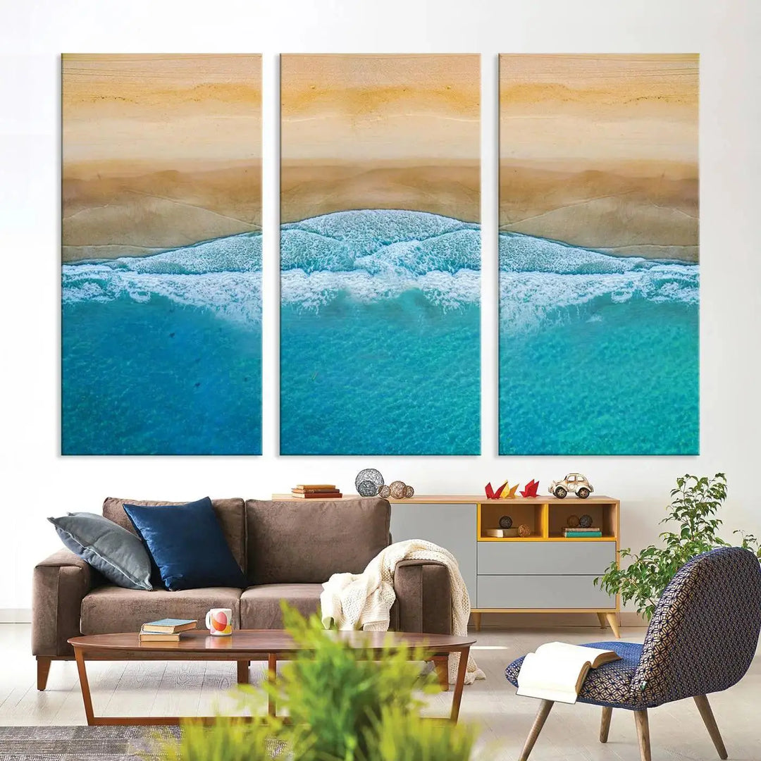 Ocean Aerial Beach Canvas Wall Art Print features a triptych of an aerial beach scene with waves, gallery-wrapped on museum-quality canvas.