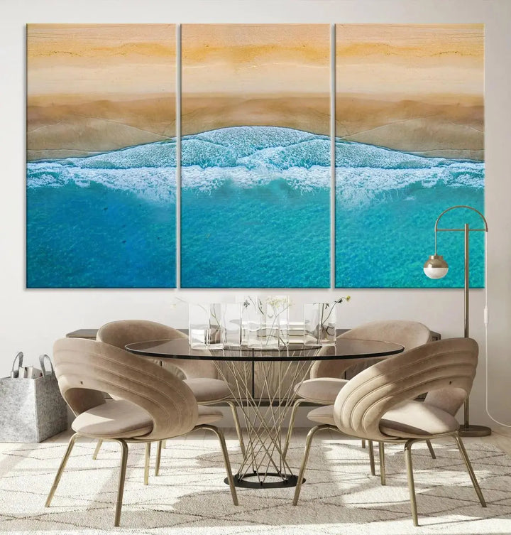 Ocean Aerial Beach Canvas Wall Art Print features a triptych of an aerial beach scene with waves, gallery-wrapped on museum-quality canvas.