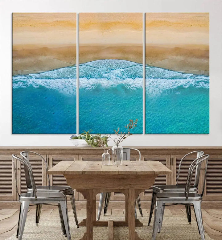 Ocean Aerial Beach Canvas Wall Art Print features a triptych of an aerial beach scene with waves, gallery-wrapped on museum-quality canvas.