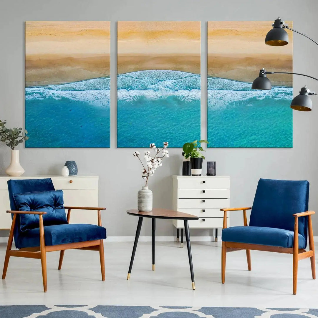 Ocean Aerial Beach Canvas Wall Art Print features a triptych of an aerial beach scene with waves, gallery-wrapped on museum-quality canvas.