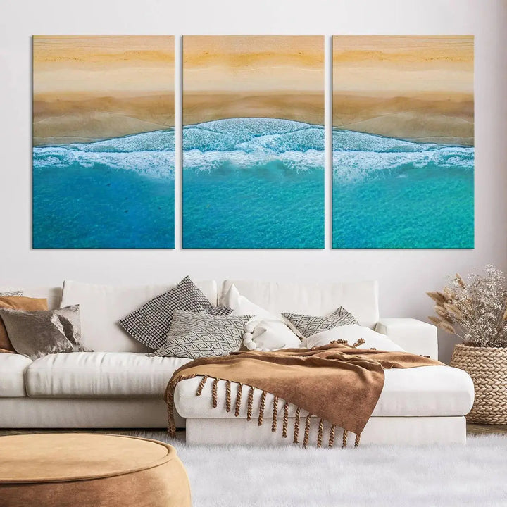 Ocean Aerial Beach Canvas Wall Art Print features a triptych of an aerial beach scene with waves, gallery-wrapped on museum-quality canvas.