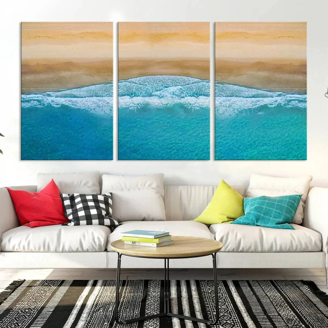 Ocean Aerial Beach Canvas Wall Art Print features a triptych of an aerial beach scene with waves, gallery-wrapped on museum-quality canvas.